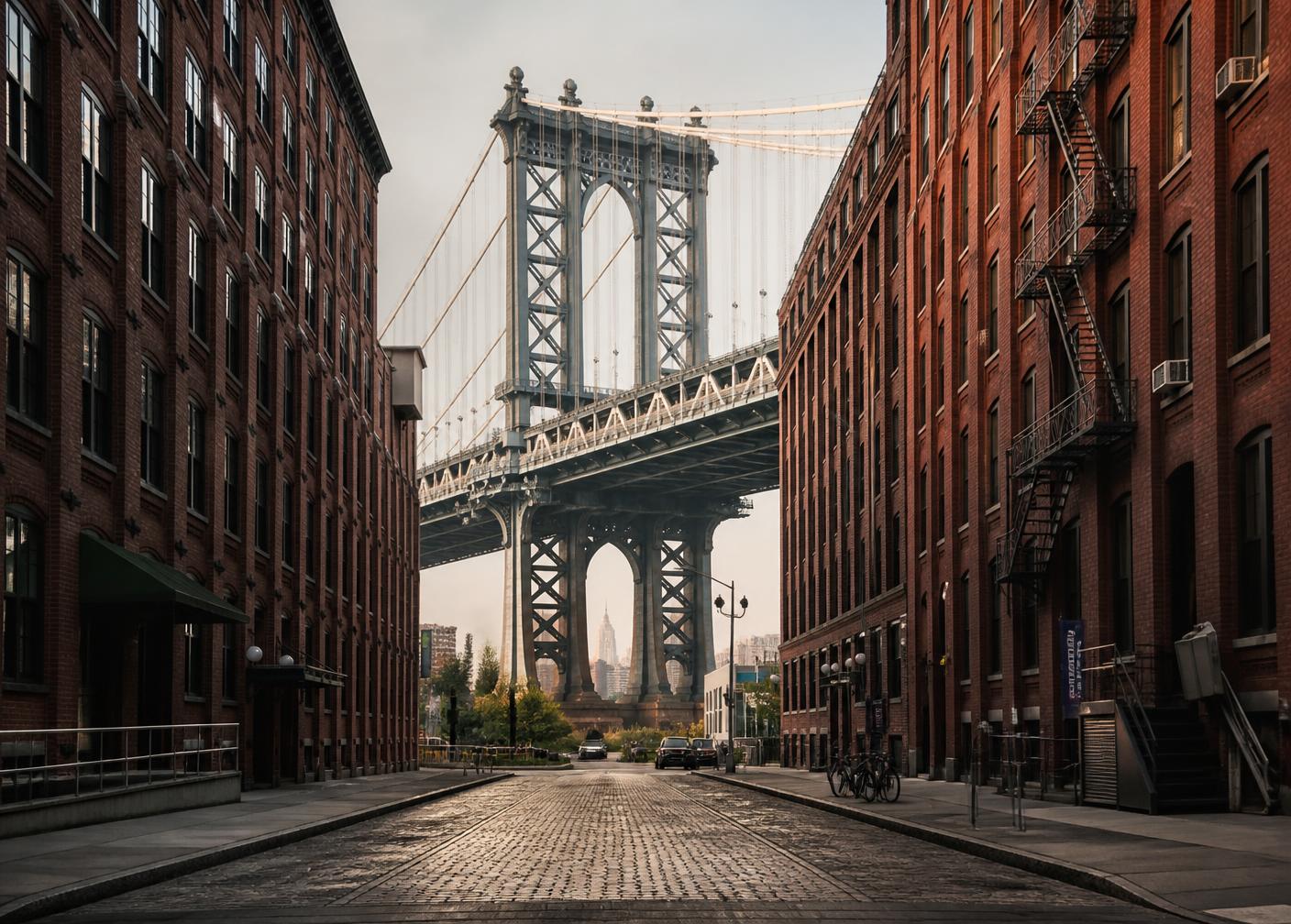 Cobblestone DUMBO street framing the Manhattan Bridge