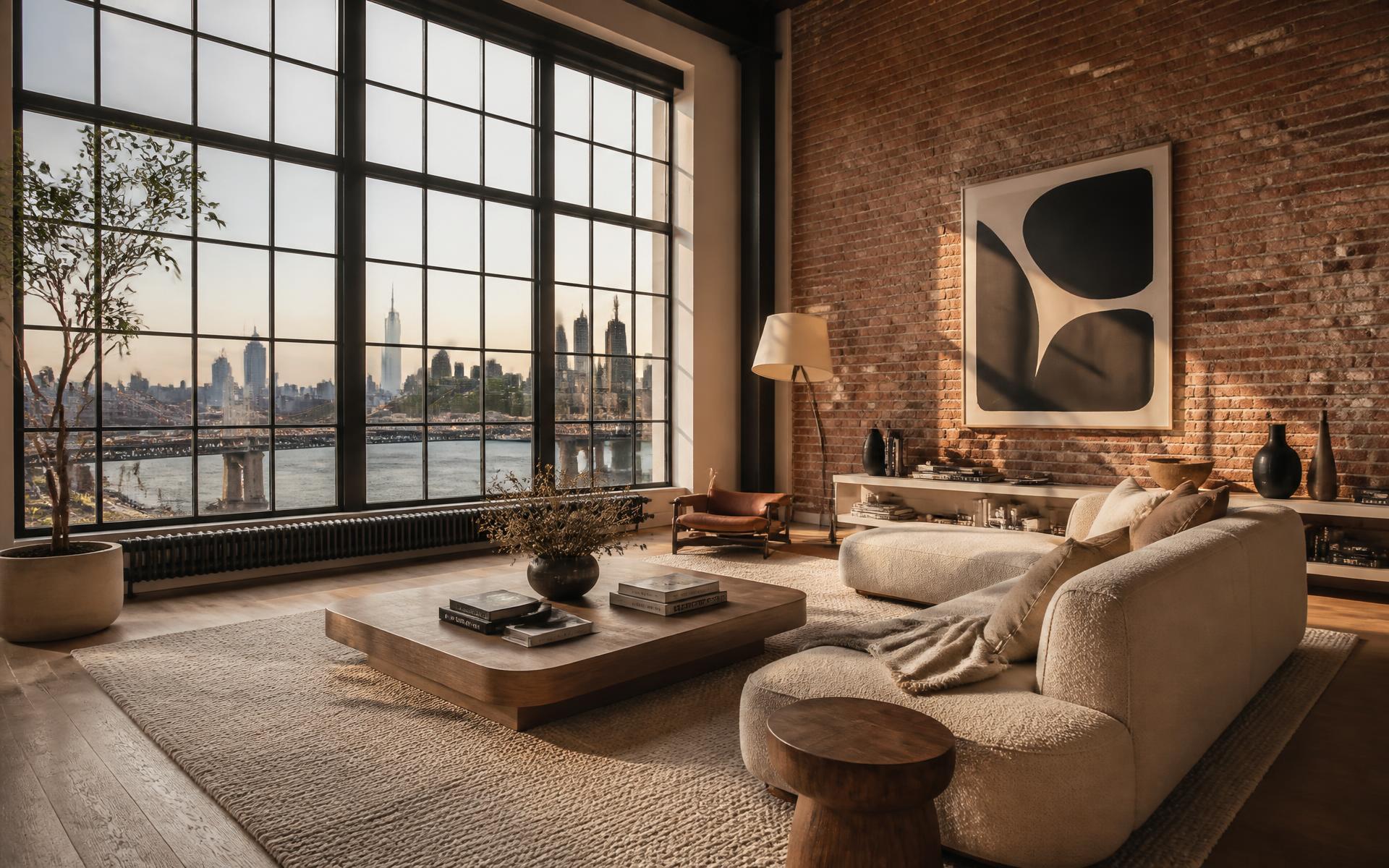 Luxury DUMBO loft interior with oversized warehouse windows framing the Manhattan skyline